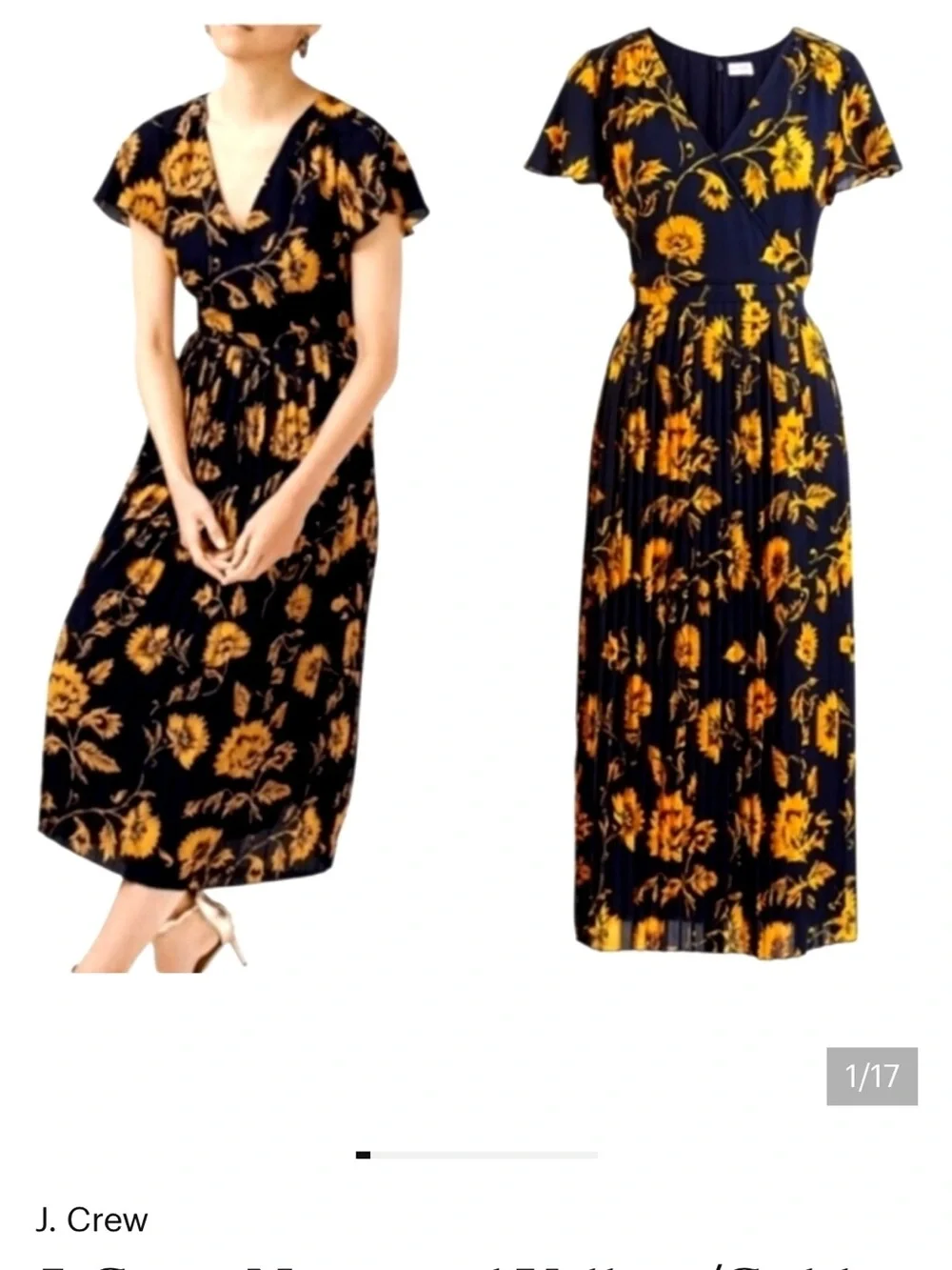 Floral pleated midi dress  in Navy and golden yellow